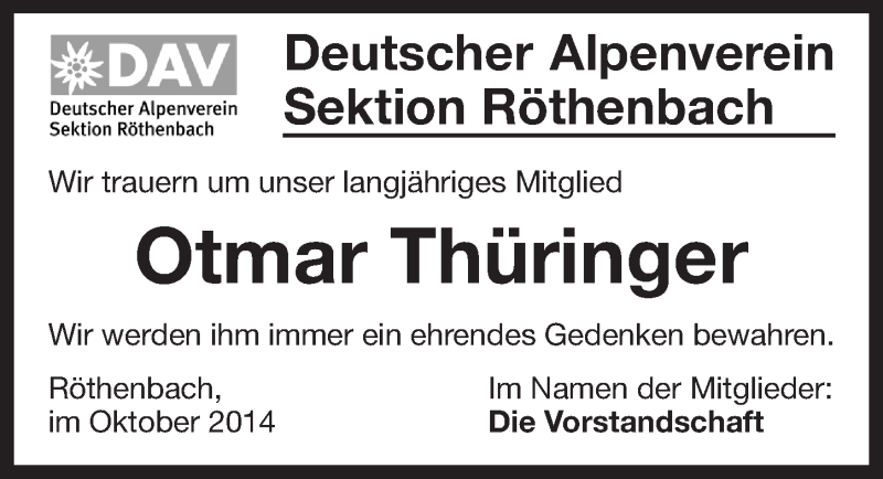  Traueranzeige für Otmar Thüringer vom 31.10.2014 aus Pegnitz-Zeitung